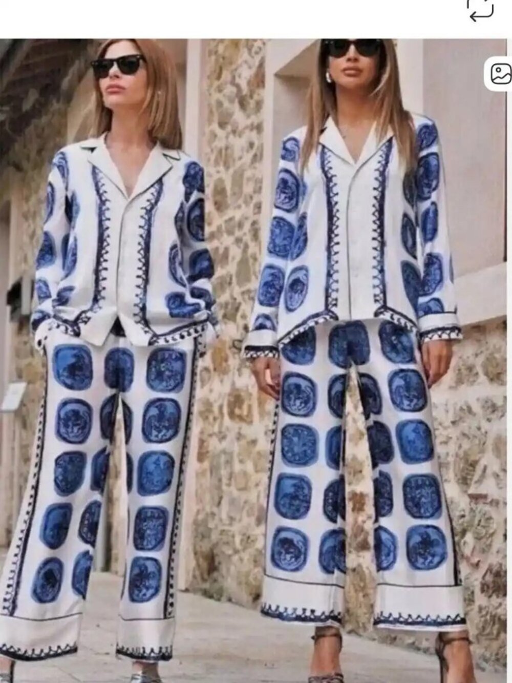 EUC Zara Satin Blue Medallion SET (Top/Pants) - Sz M